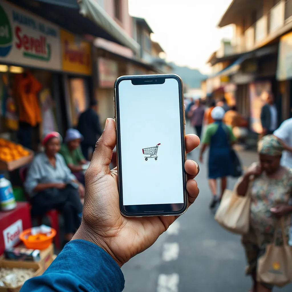 Smartphone shopping interface in Kigali with a shopper and subtle market background