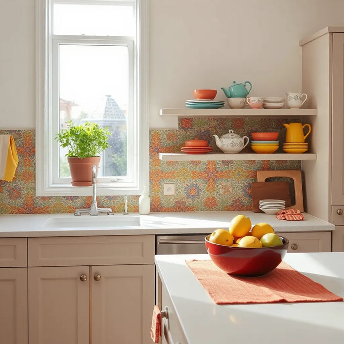 Bright kitchen with colorful backsplash tiles, styled shelves, fresh herbs, and a fruit bowl