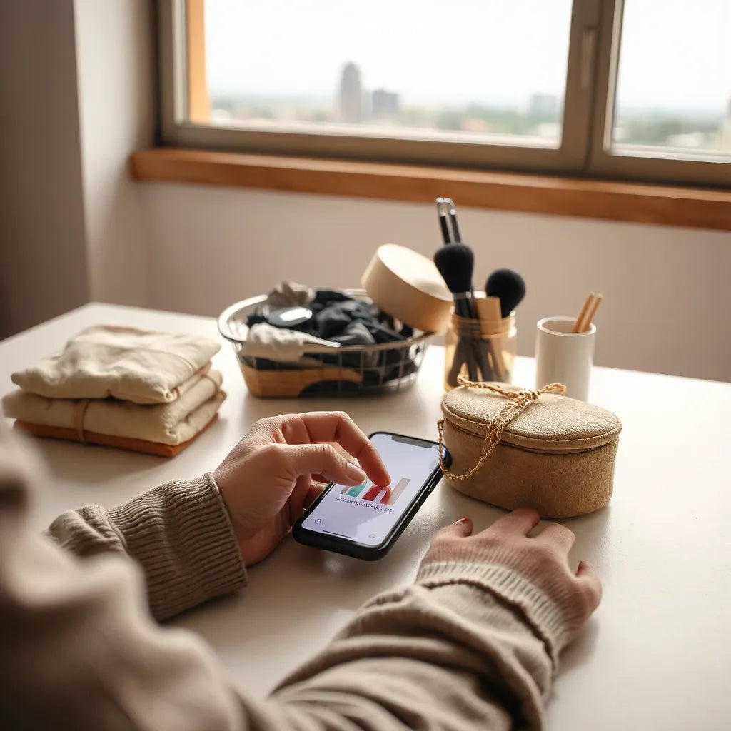 Person browsing an online marketplace on a smartphone on a desk in Kigali with a city view