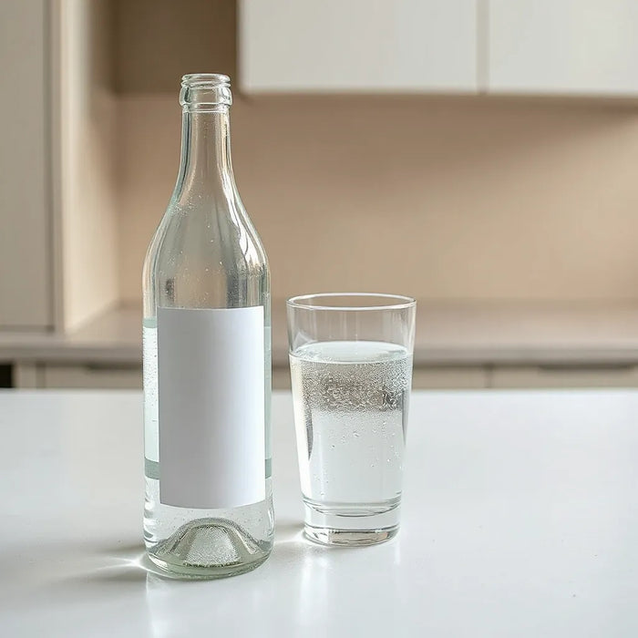 Glass bottle and filled water glass with condensation on a clean countertop in soft daylight