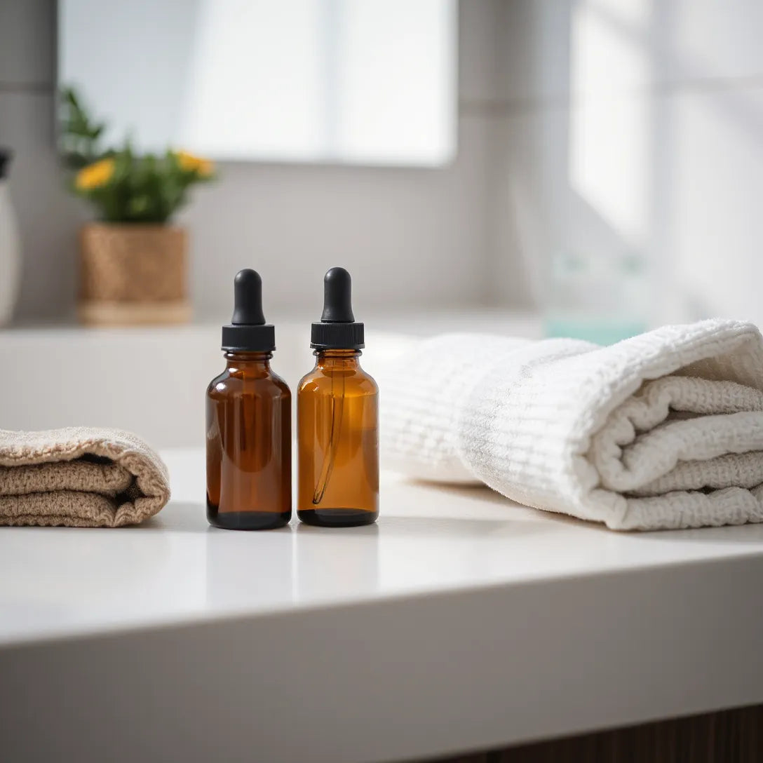 Two grooming bottles beside a trimmed beard and towel on a bathroom counter in soft natural light