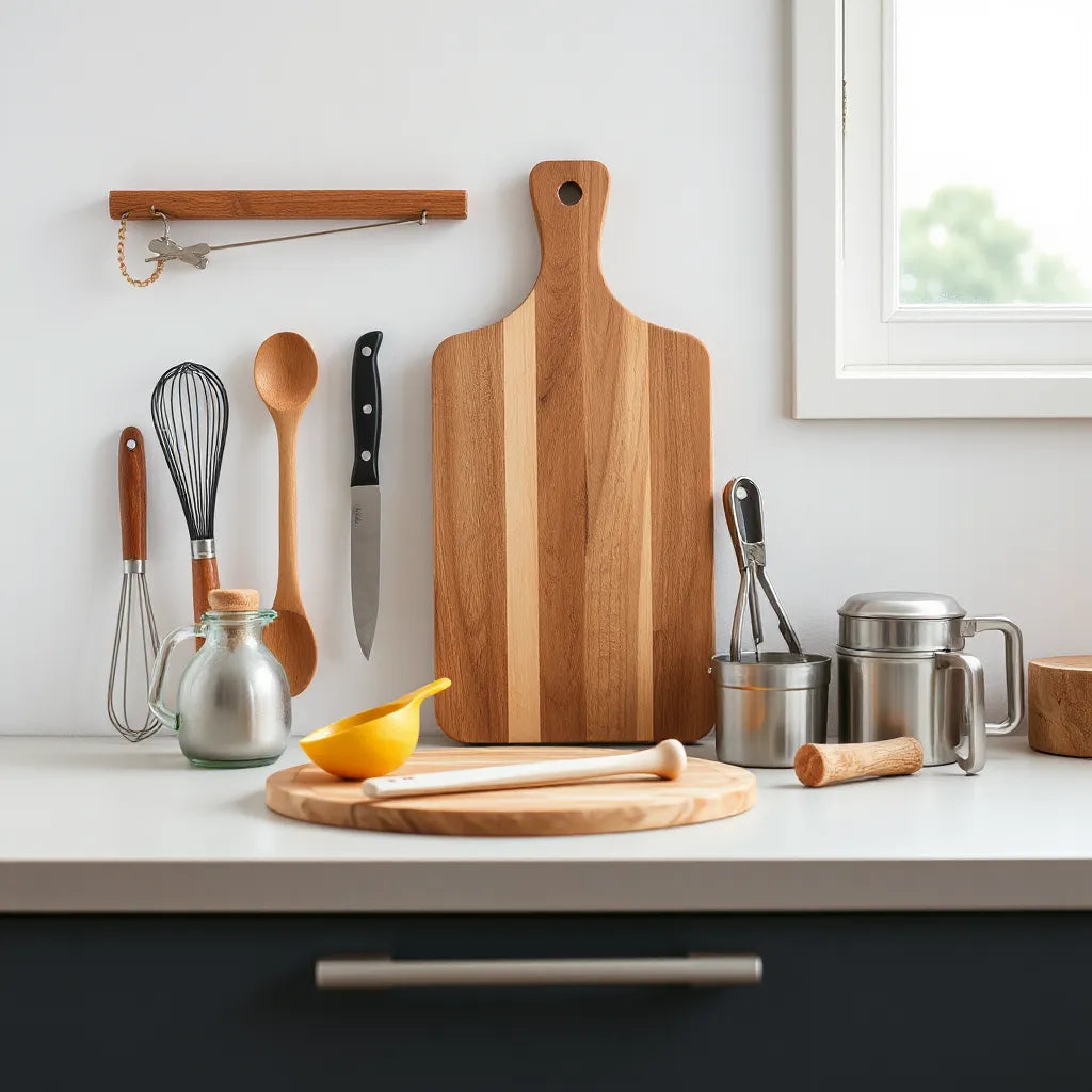 Assorted essential kitchen utensils neatly arranged on a cutting board with soft natural light