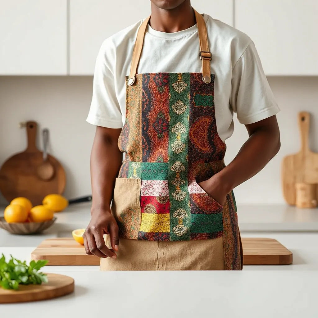 Person wearing a vibrant African mix kitenge apron in a clean kitchen while cooking