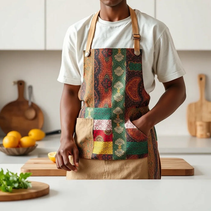 Person wearing a vibrant African mix kitenge apron in a clean kitchen while cooking