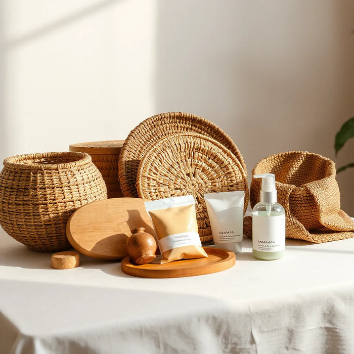 A tabletop display of handcrafted Rwanda-made goods and packaged artisan items in warm light