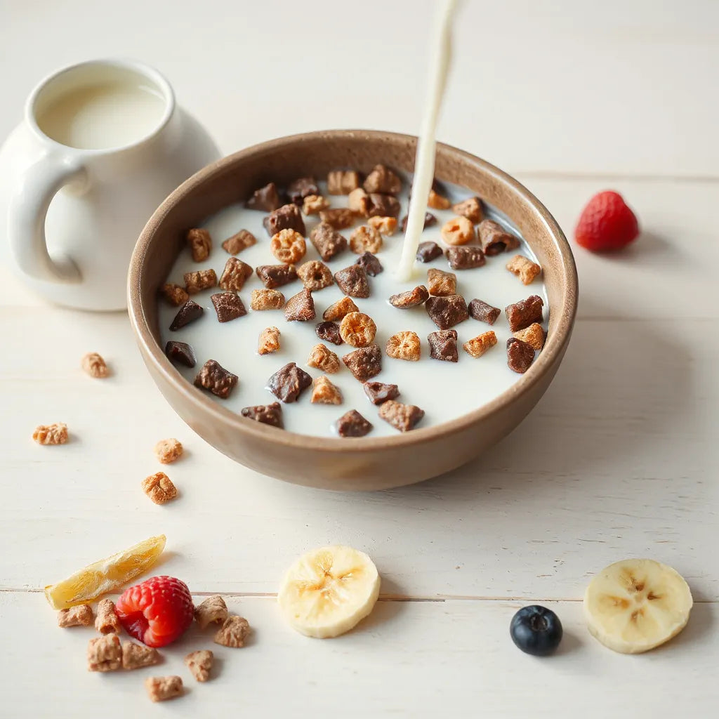 Bowl of chocolate cereal with milk being poured, plus fruit on a light wooden table