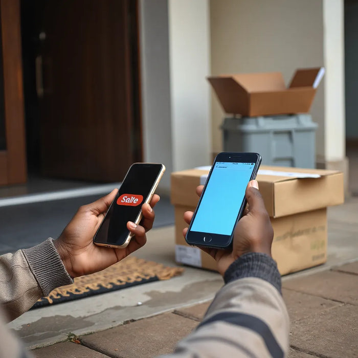 Hand holding a smartphone while a delivery box rests on a doorstep in Kigali