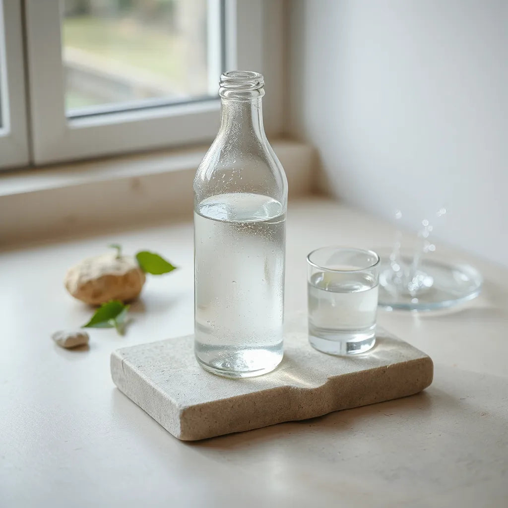 Glass bottle of natural mineral water with a filled glass on a clean stone surface