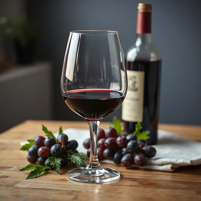 Glass of dry red wine with a bottle and grapes on a wooden table