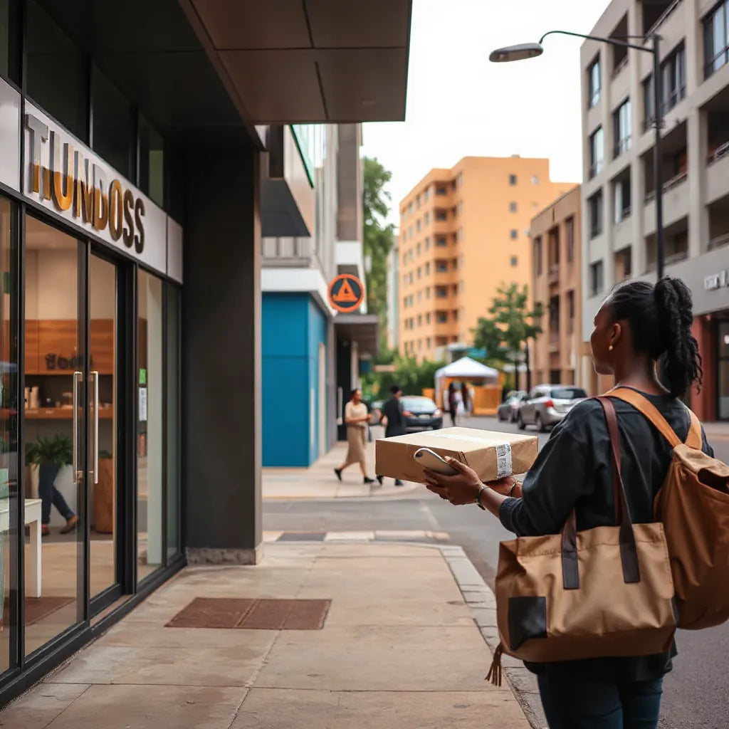 Person receiving a delivery package near a modern street in Kigali