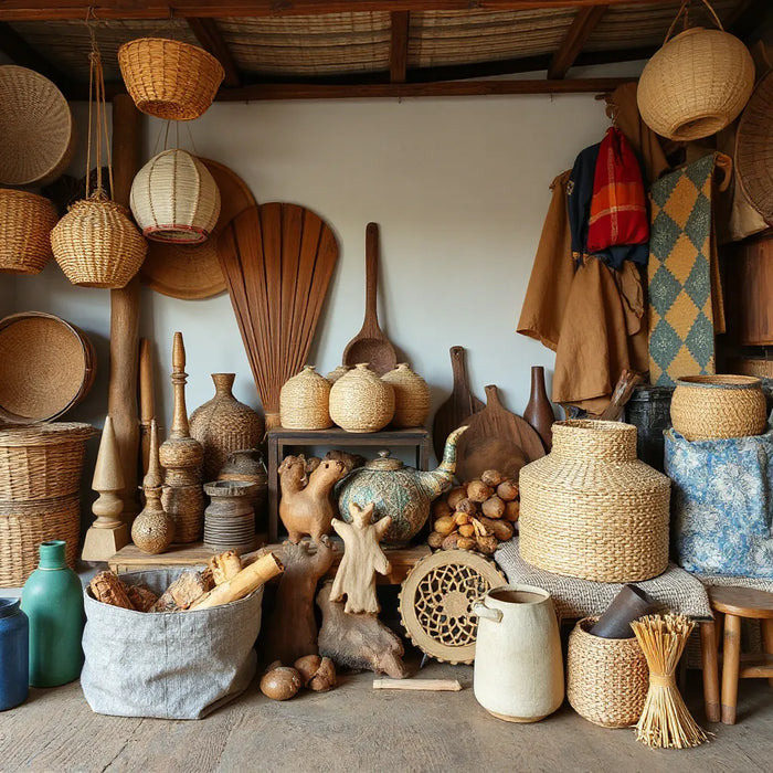 Rwandan marketplace stall displaying woven crafts, textiles, and carved wooden items