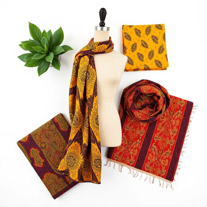 Vibrant kitenge fabric patterns arranged with a mannequin wearing a matching outfit on a light background.
