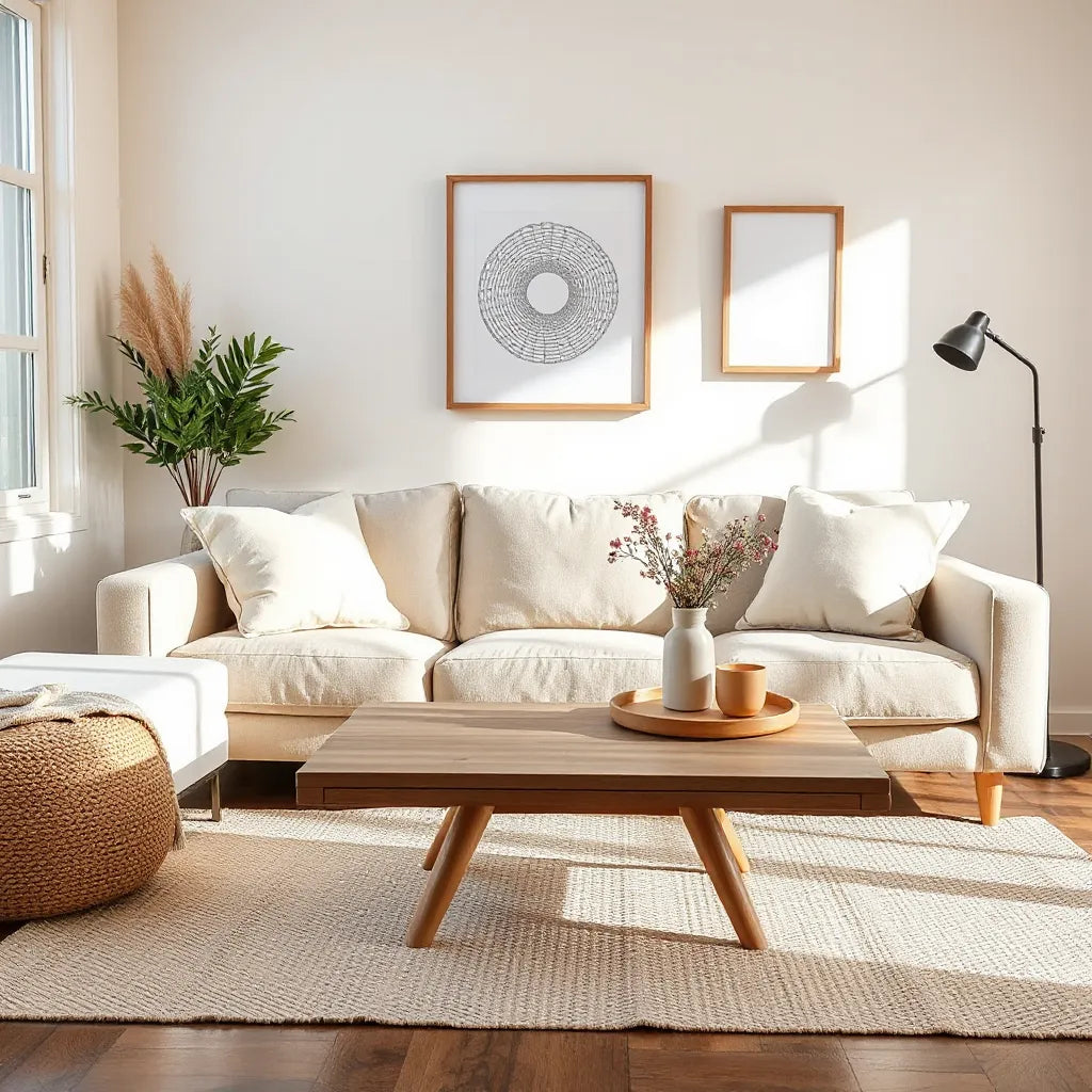 Cozy living room styled with affordable decor accessories, warm lighting, and simple neutral furnishings