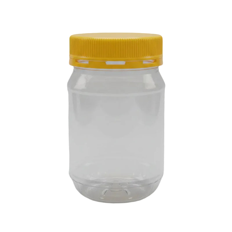 Round Clear Plastic Storage Jar with Yellow Lid 500g