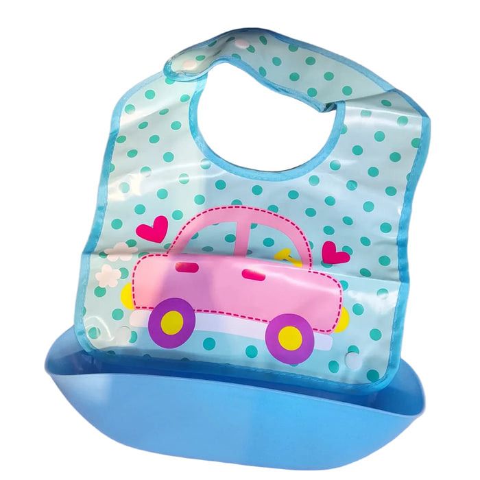Pink Waterproof Baby Bib with Cartoon Pig Design & Detachable Food Catcher