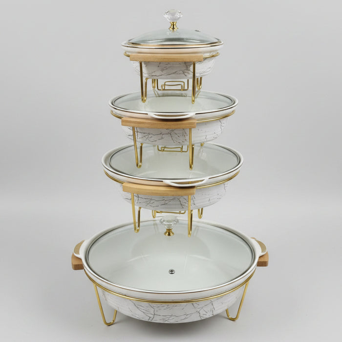 White Marble Ceramic Chafing Dish Set with Gold Accents/5pieces