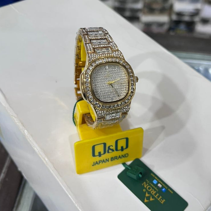 Q&Q Iced-Out Gold Tone Wristwatch
