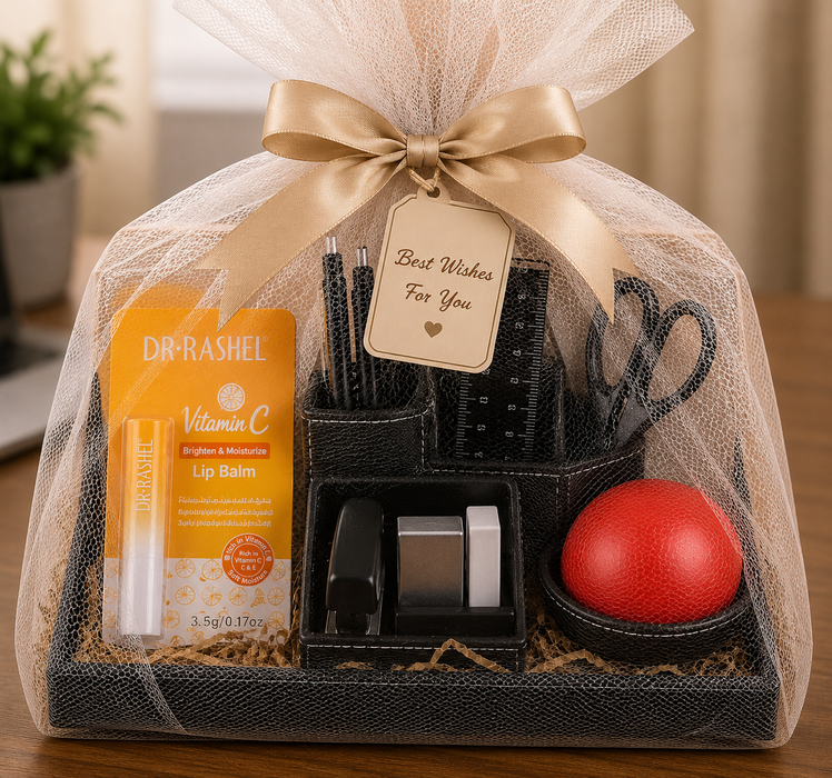 Office Essentials Gift – Desk Organizer, Dr. Rashel Lip Balm & Stress Relief Ball