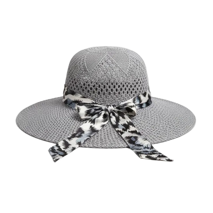Wide-Brim Sun Hat with Printed Ribbon (Grey)