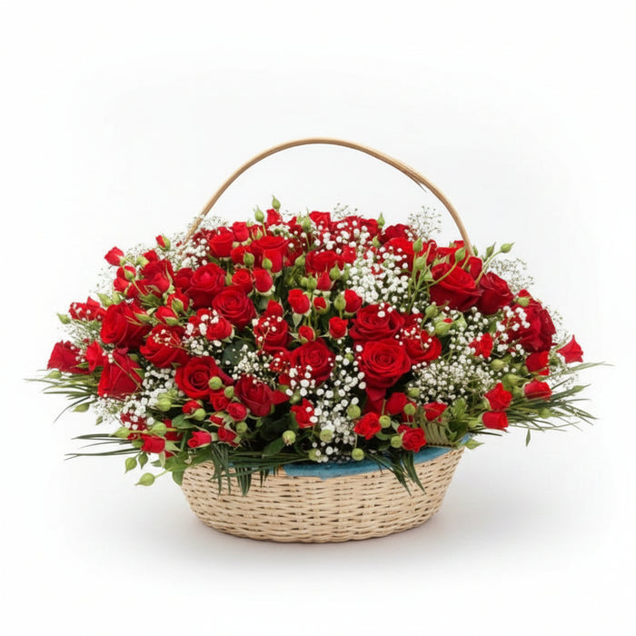 Roses & Gypsophila in a beautiful Locally Made Basket (Choose Rose Color)