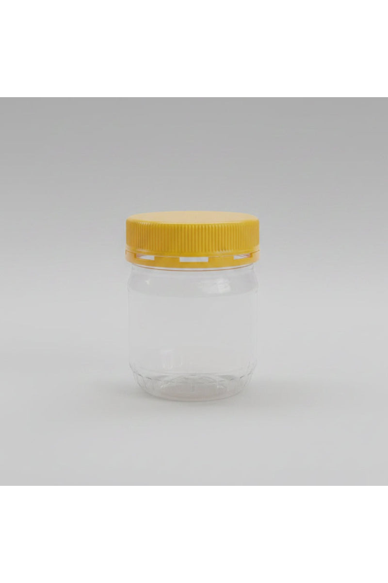 Small Round Clear Plastic Storage Jar with Yellow Lid 250g