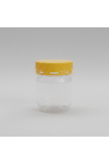 Small Round Clear Plastic Storage Jar with Yellow Lid 250g