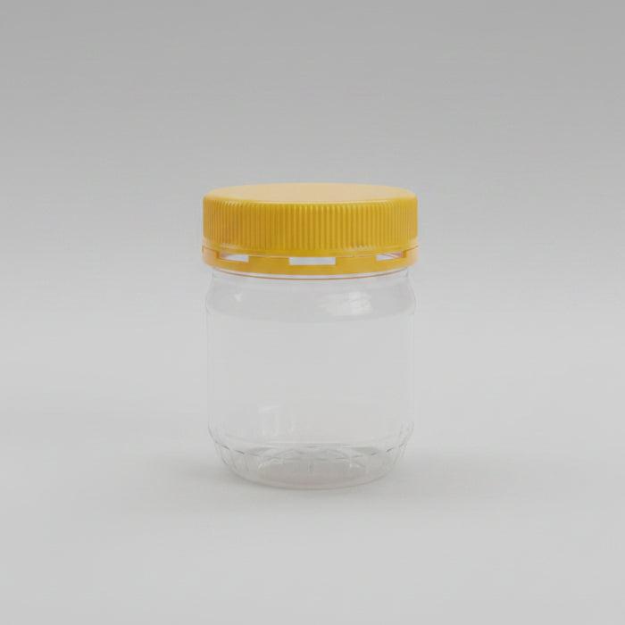 Small Round Clear Plastic Storage Jar with Yellow Lid 250g