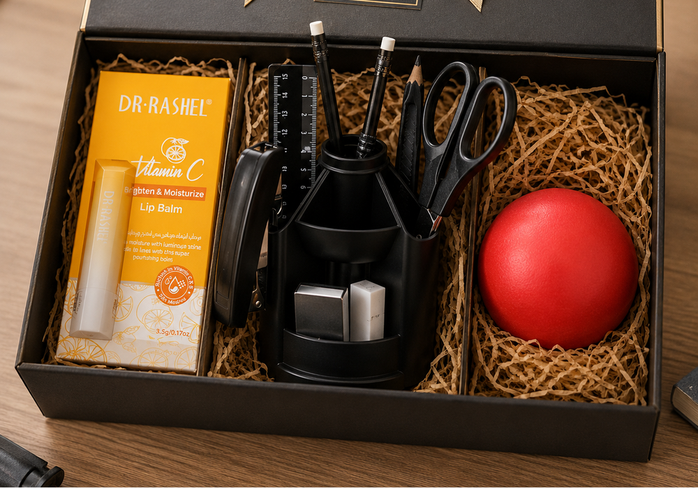Office Essentials Gift – Desk Organizer, Dr. Rashel Lip Balm & Stress Relief Ball