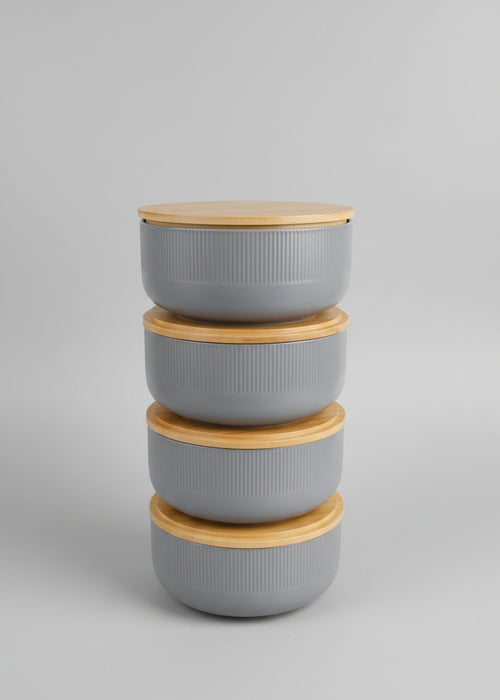 Grey Ribbed Ceramic Canister Set with Bamboo Lids