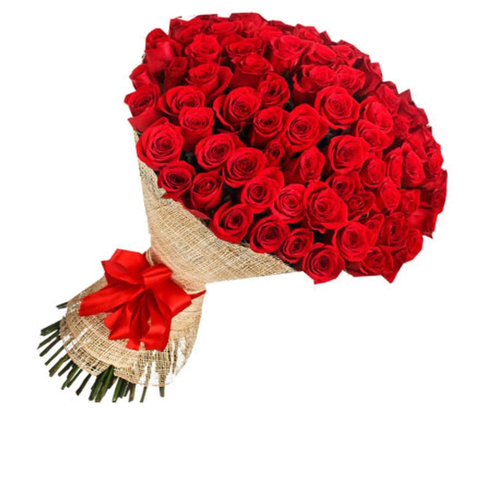 A Wrapped 100 Flowers Fresh Red Roses Bouquet