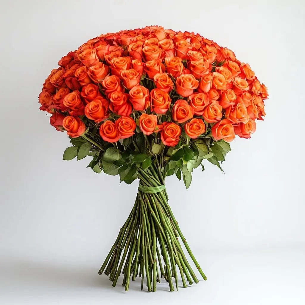 A Wrapped 100 Flowers Fresh Orange Roses Bouquet