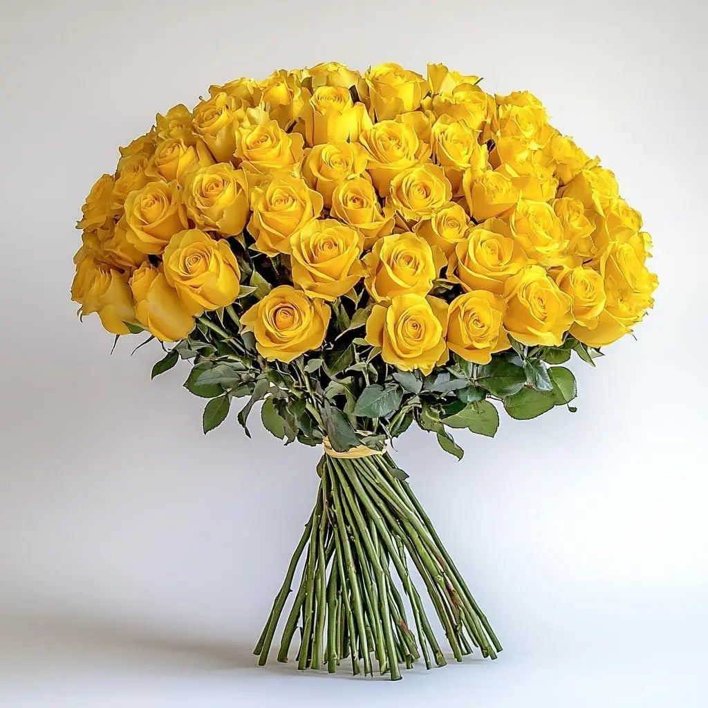 A Wrapped 100 Flowers Fresh Yellow Roses Bouquet