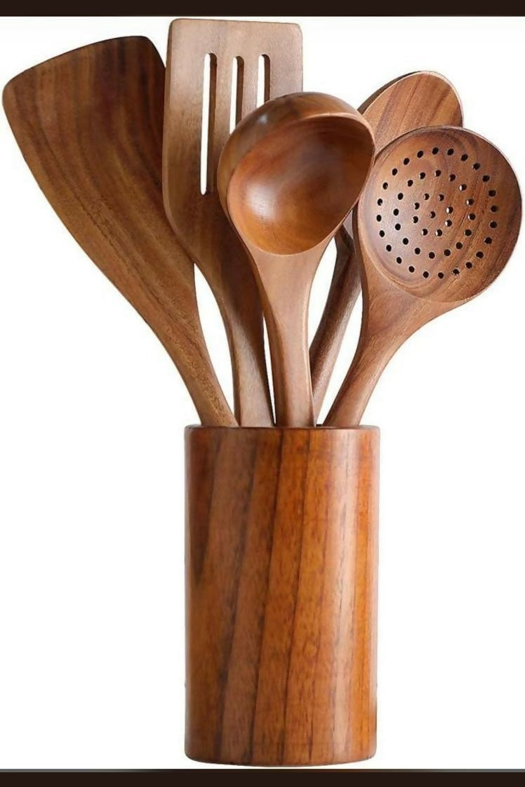 Küchenutensilien-Set aus Holz mit Halter Beschreibung