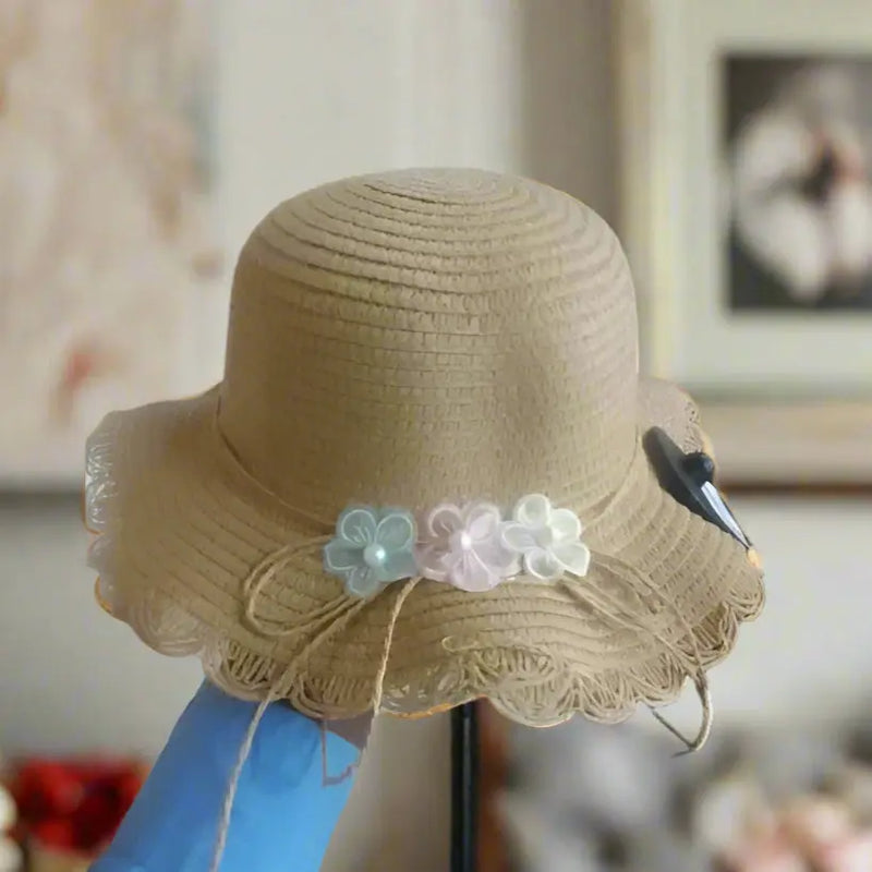 Beige Floral Straw Hat with Scalloped Edge Murukali.com