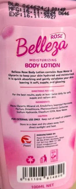 Belleza Moisturizing Body Lotion Rose 100ml Murukali.com