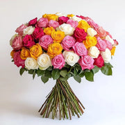 Big Bouquet of 100 Mixed Fresh Roses (Red, Pink, White & Yellow) murukali.com