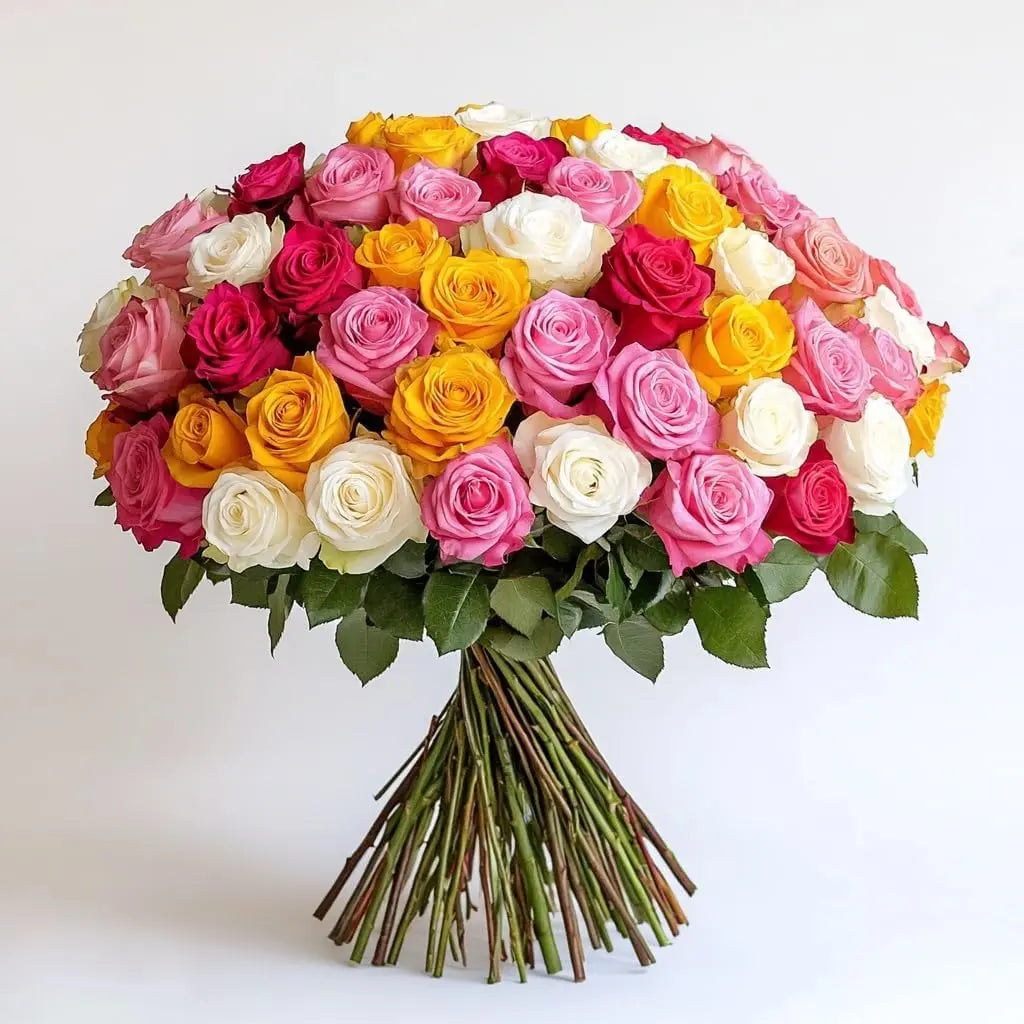 Big Bouquet of 100 Mixed Fresh Roses (Red, Pink, White & Yellow)
