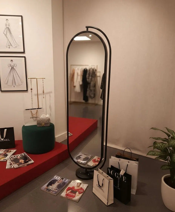 Black metal-framed oval full-length floor mirror 1.70cm Murukali.com