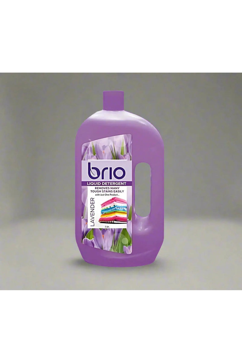 Purple bottle of Brio liquid detergent with lavender design on a white background