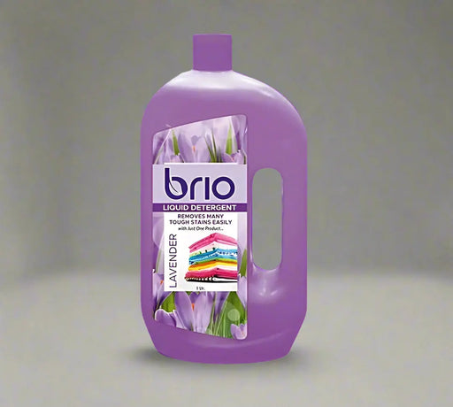Purple bottle of Brio liquid detergent with lavender design on a white background