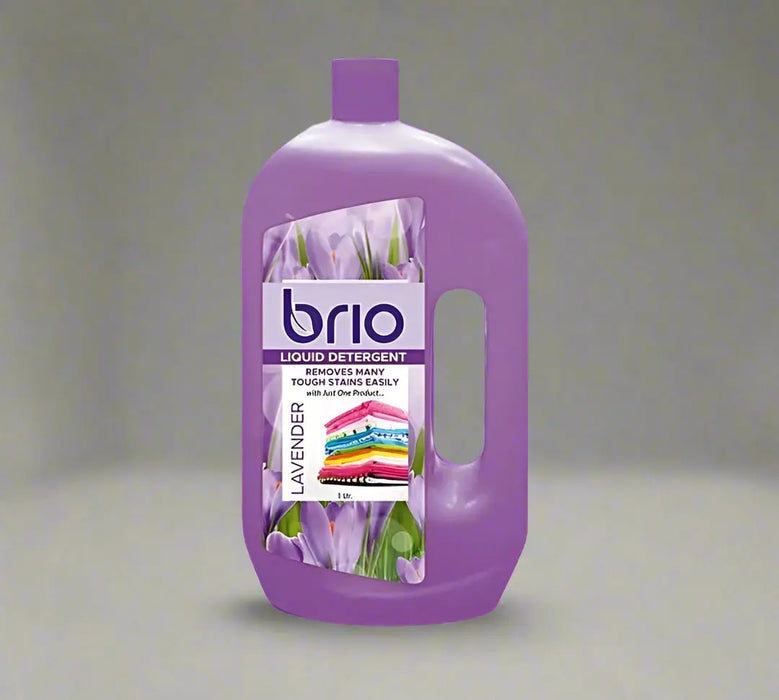 Purple bottle of Brio liquid detergent with lavender design on a white background