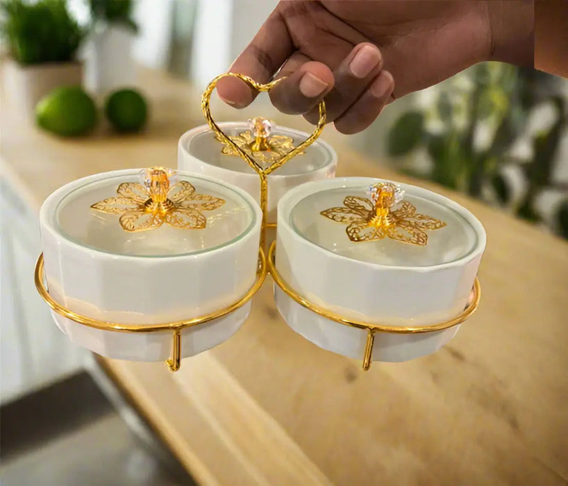 Ceramic Condiment Server With a Golden Rack and Lids, Set of 3pcs Murukali.com