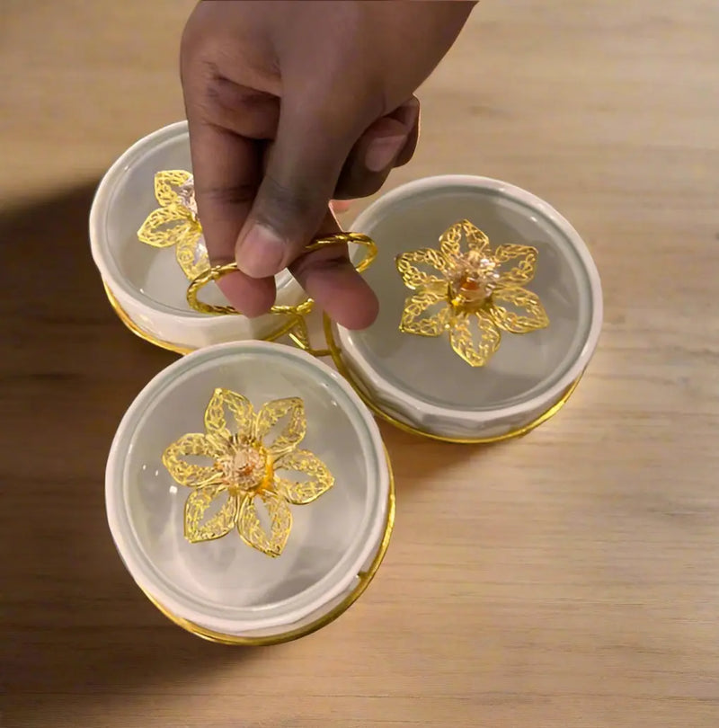 Ceramic Condiment Server With a Golden Rack and Lids, Set of 3pcs Murukali.com