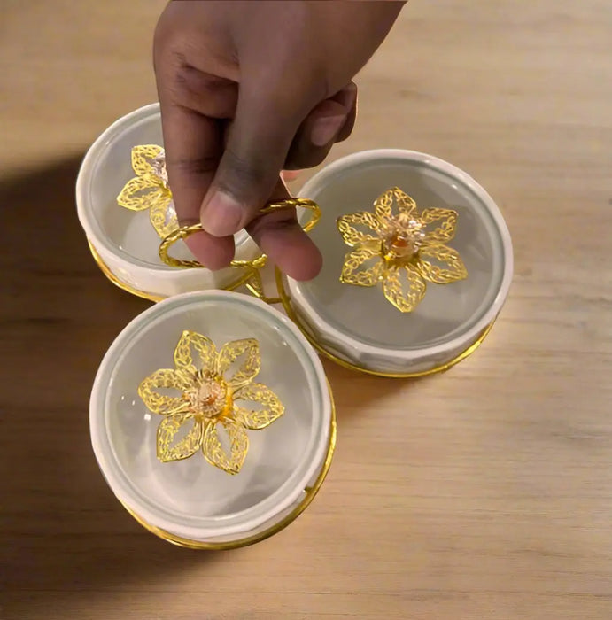 Ceramic Condiment Server With a Golden Rack and Lids, Set of 3pcs Murukali.com