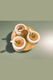 Ceramic Condiment Set with  Wooden Lid and Rotating  Base Ceramic Spice Rack Murukali.com