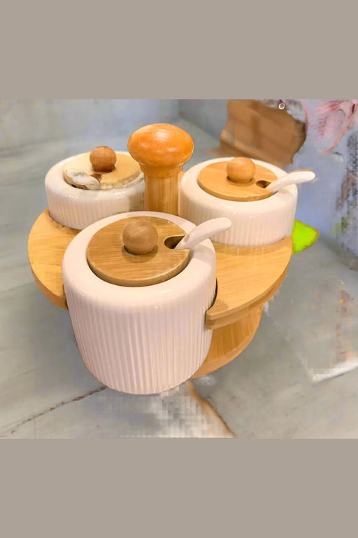 Ceramic Condiment Set with  Wooden Lid and Rotating  Base Ceramic Spice Rack Murukali.com