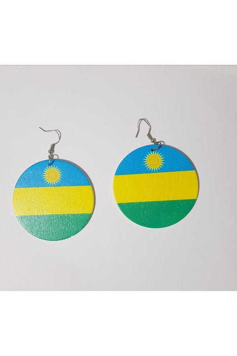 Circle Wooden Earring with Rwandan Flag murukali.com