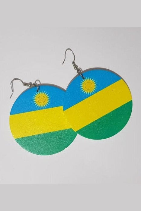 Circle Wooden Earring with Rwandan Flag murukali.com