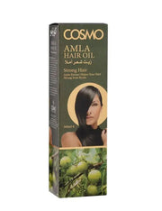 Cosmo Amla Hair Oil packaging with a woman's face and aamla fruits on a white background