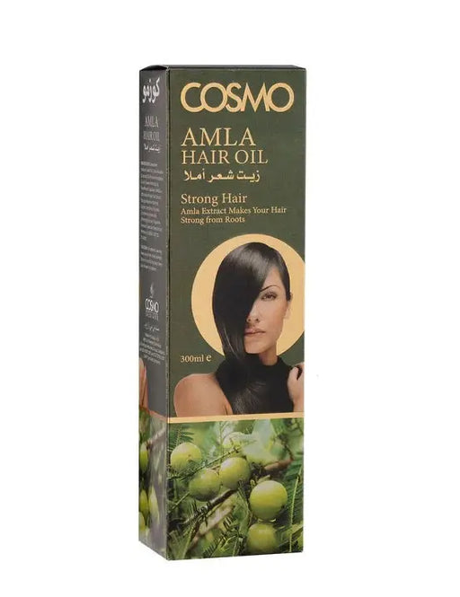 Cosmo Amla Hair Oil packaging with a woman's face and aamla fruits on a white background